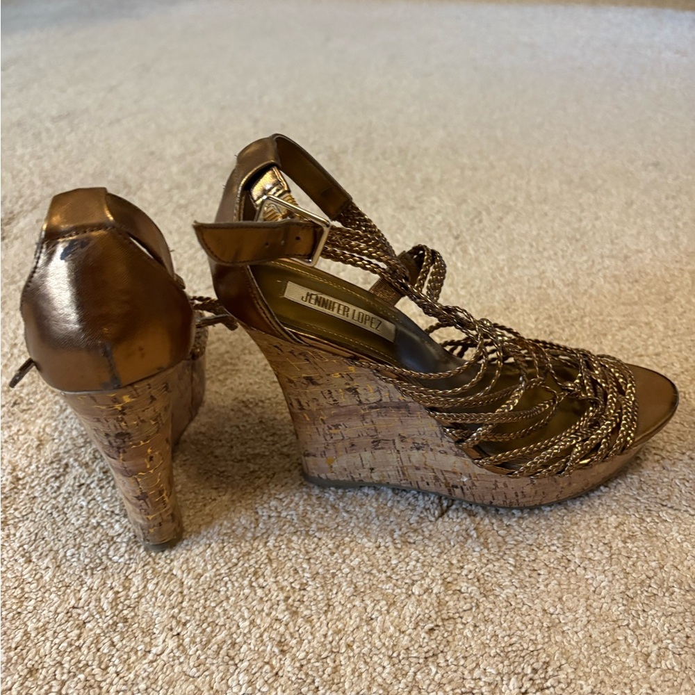 Jennifer Lopez Brown Wedge Shoes with Strappy Design